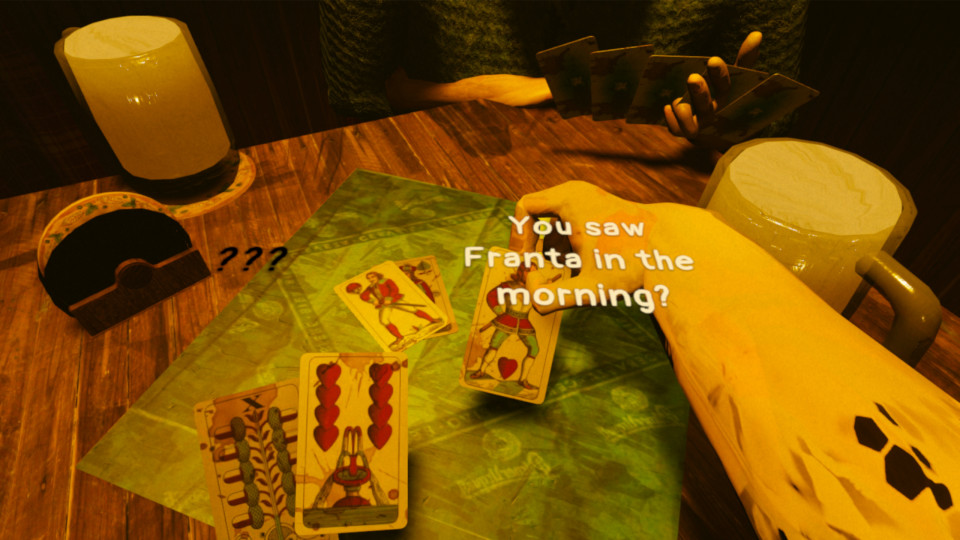 Une capture d'écran du jeu, on y voit une main posant une carte sur une table de bar, au niveau de la main il est écrit 'You saw Franta in the morning?'