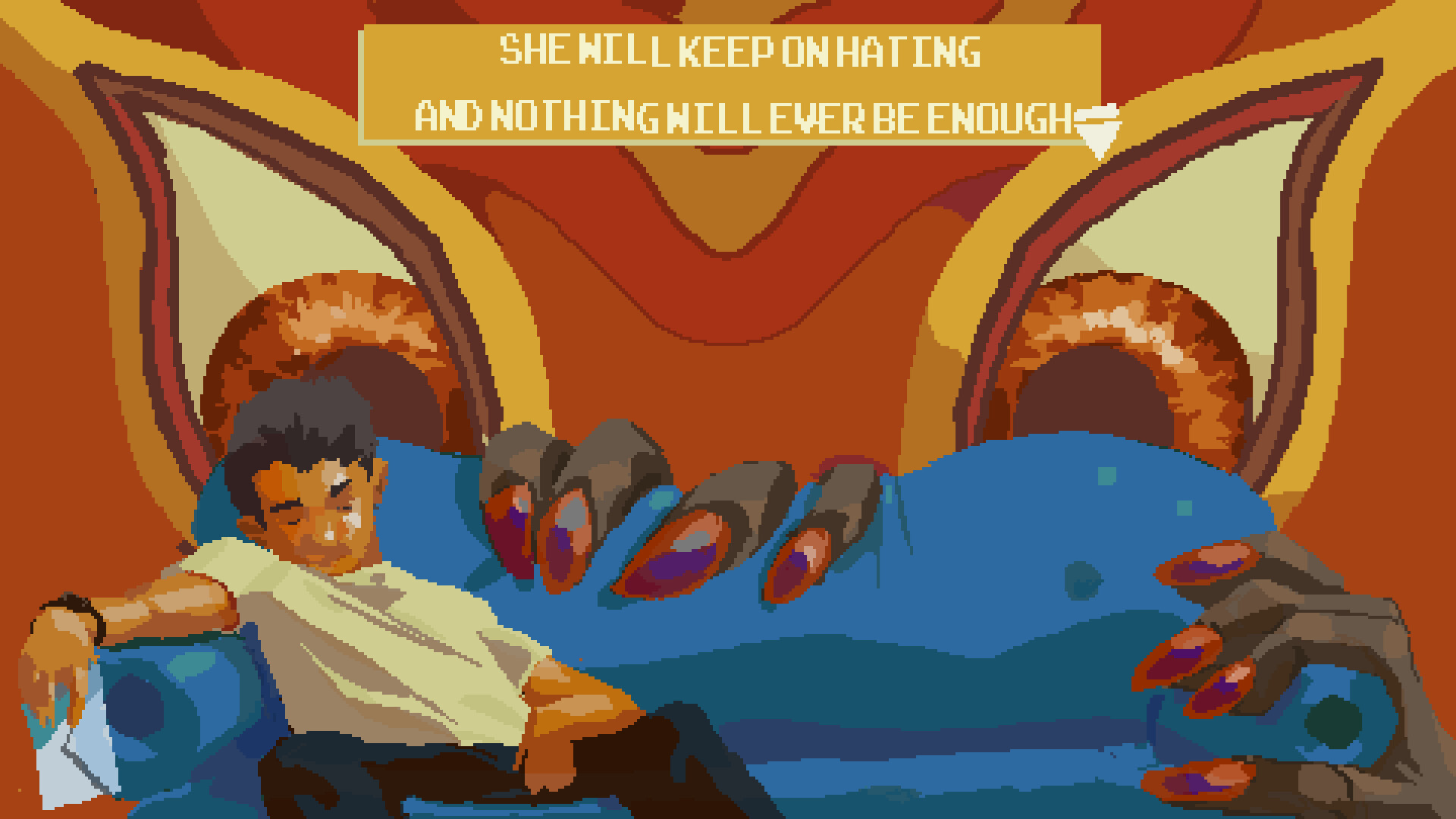 Une capture d'écran du jeu, une personne avachie sur un canapé avec un démon derrière