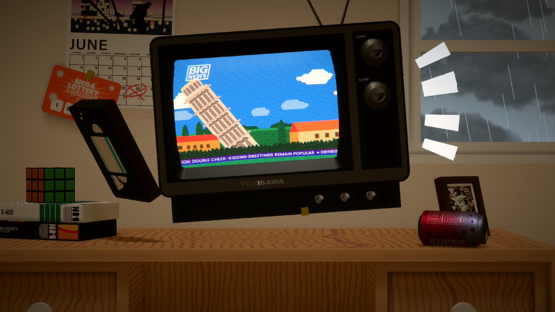 Une capture d'écran du jeu, une télé sur laquelle on a tapé sur le côté droit qui affiche une image de la tour de pise