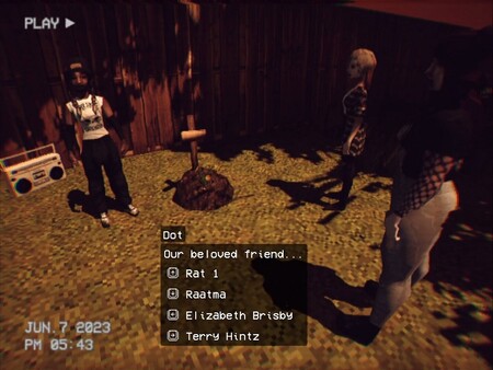 Une capture d'écran du jeu, des jeunes qui participent à un enterrement improvisé d'un rat au fond d'un jardin.