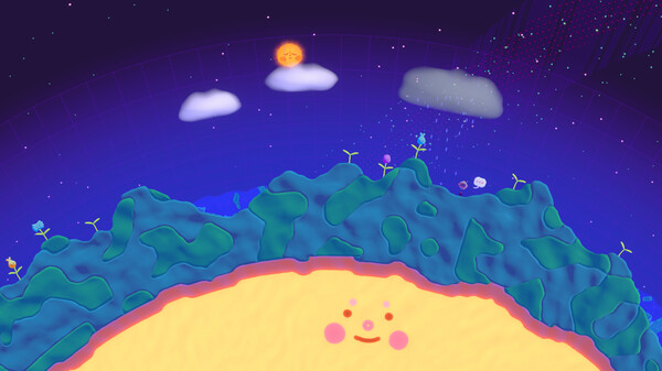 Une capture d'écran du jeu, une vue en coupe d'une planète, on voit son coeur en magma sur lequel il y a un visage