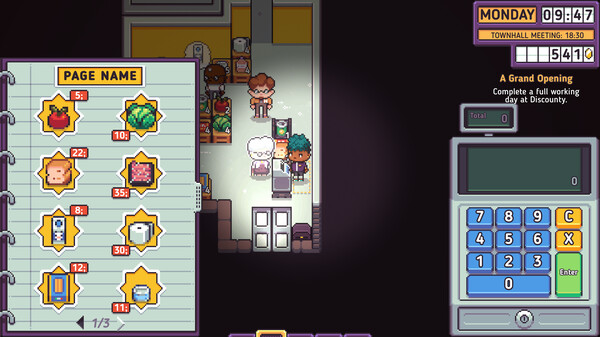 Une capture d'écran du jeu, une interface de supermarché en pixel art avec une caisse enregistreuse et un catalogue de prix