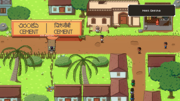 Une capture d'écran du jeu, un village en pixel art vu de dessus