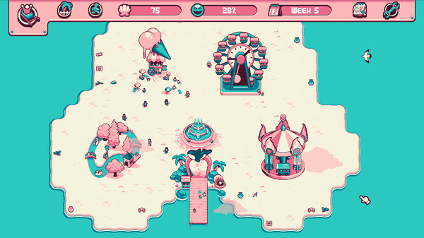 Une capture d'écran du jeu, un genre de parc d'attraction en pixel art vu du dessus