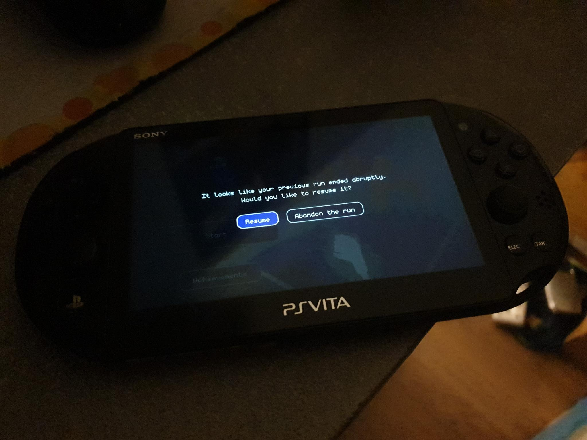 A picture of my PS Vita, with my game running on it. On the screen a message is written "It looks like you previous run ended abruptly. Would you like to resume it?" With two options : one for resume and the other to abandon the run.